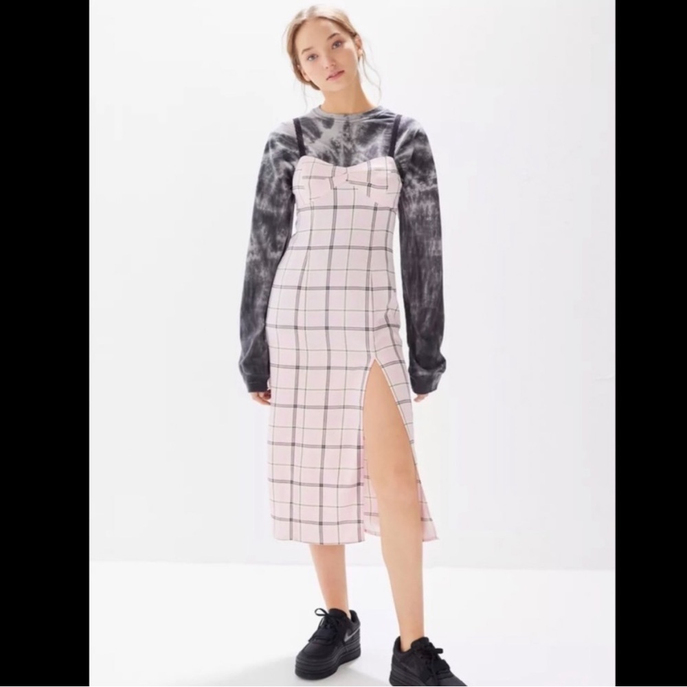 Urban Outfitters Cher Pink Plaid Satin Midi Dress - Picture 3 of 16